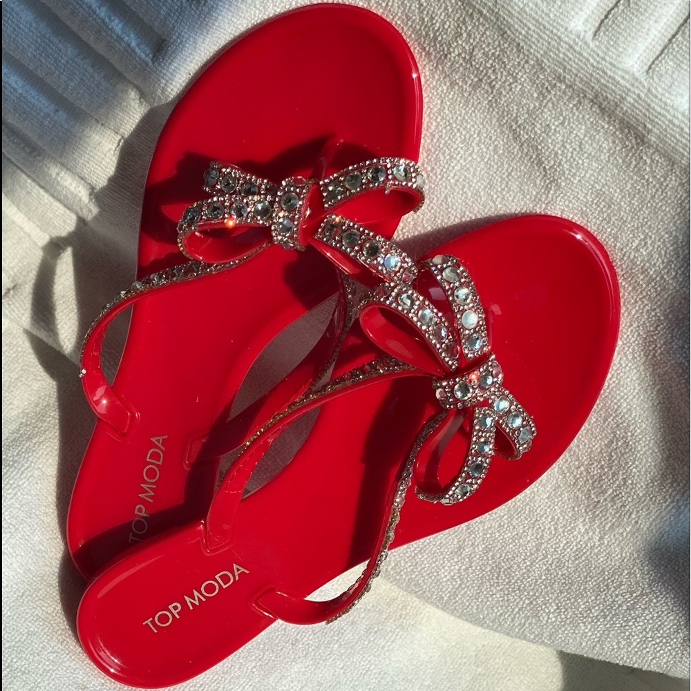 SZ 8 NWT RED RHINESTONE JELLY TOP MODA SANDAL BOW BLING - Picture 4 of 7